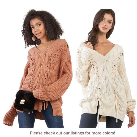 Beige Laced Up Off Shoulder V Neck Tunic Sweater - Picture 10 of 10